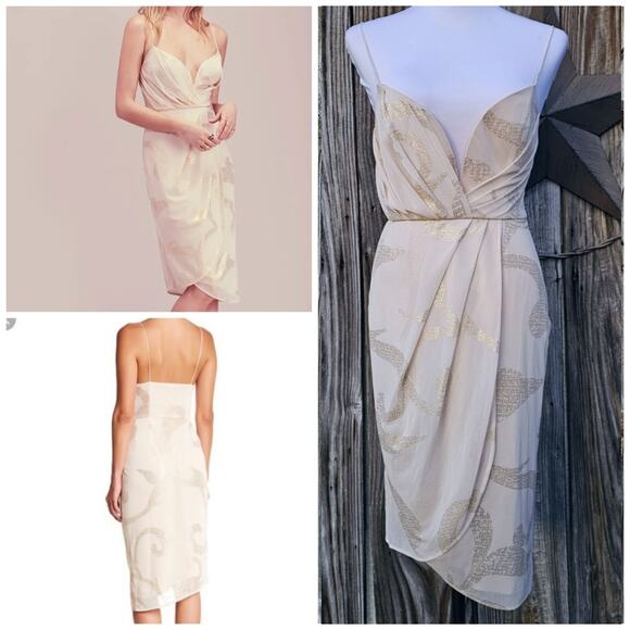 Draped Wrap Dress Free People Size 4 Cream Mesh Gold Foil Sweetheart Sleeveless - Picture 2 of 9